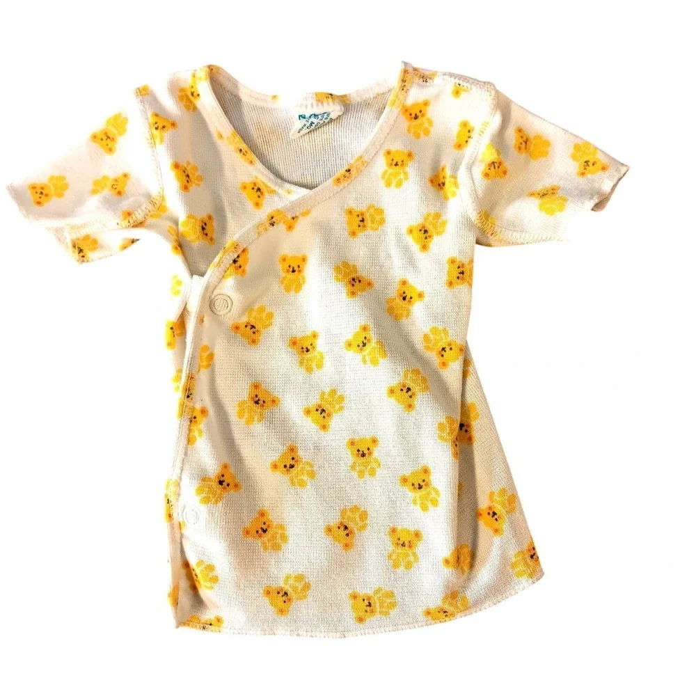 VTG Carter's Baby Wrap Shirt 6M Yellow Teddy Bear Print‎ USA Newborn Kimono Top